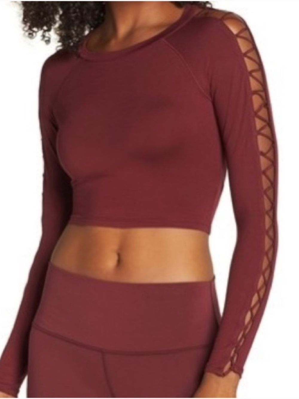 Alo Yoga High Line Long Sleeve Top Black Cherry Lace Up Cutout Crop - large